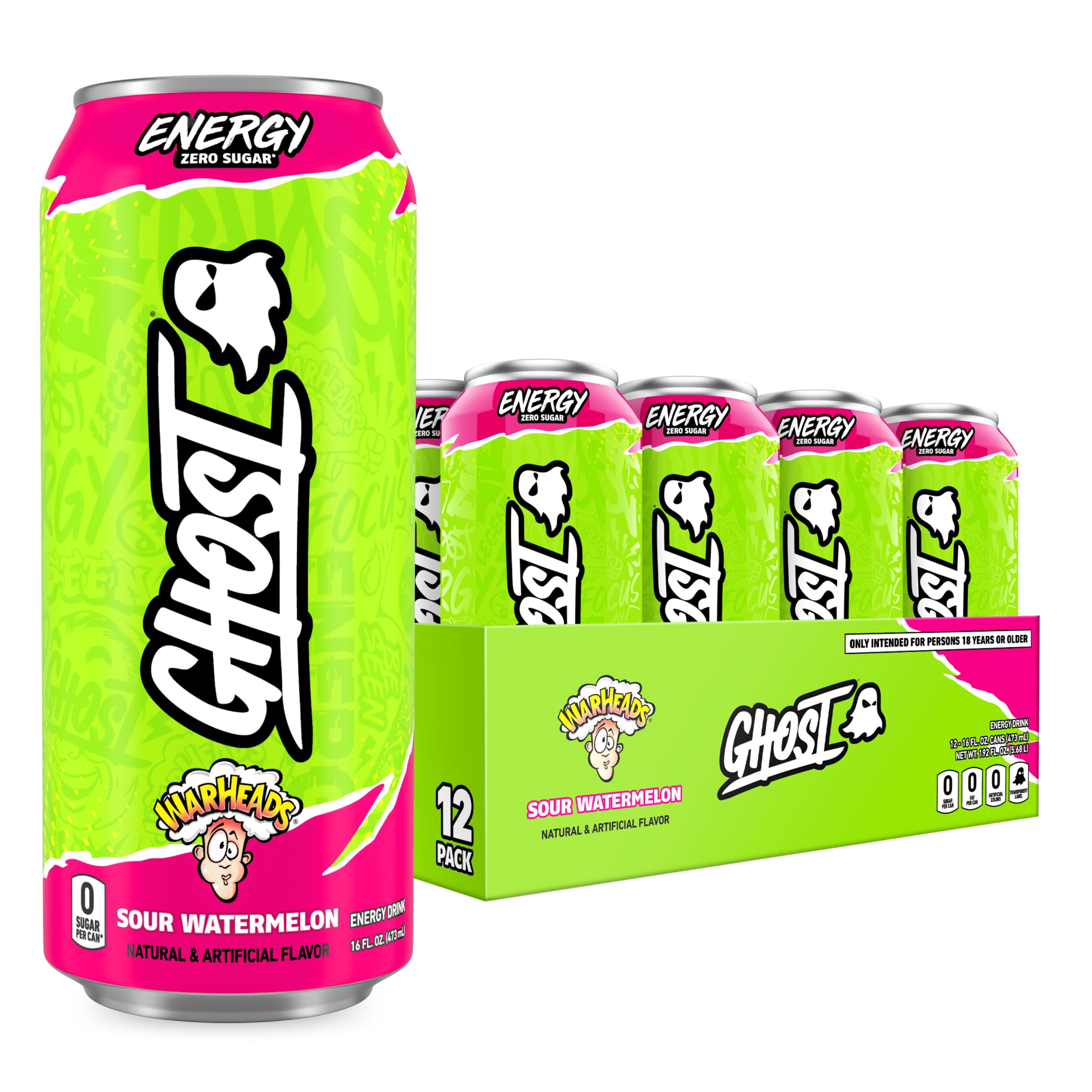 GHOST Energy Drink - 12-Pack, Strawbango, 16oz - Energy & Focus & No Artificial Colors - 200mg of Natural Caffeine, L-Carnitine & Taurine - Gluten-Free & Vegan